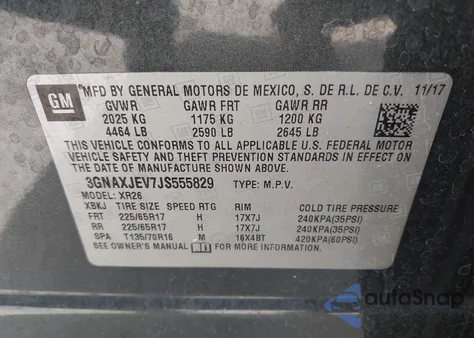 2018 Chevrolet Equinox Lt z USA, uszkodzony, nr VIN 3GNAXJEV7JS555829